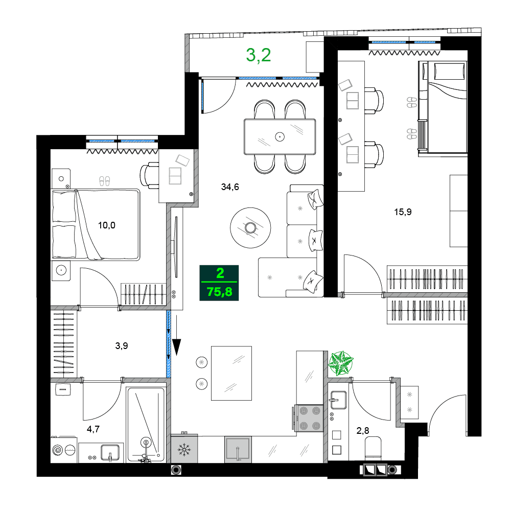 三居室, 75.8 m²