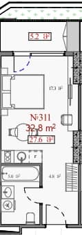 استوديو, 32.8 م²