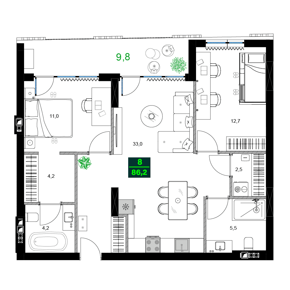 三居室, 86.2 m²