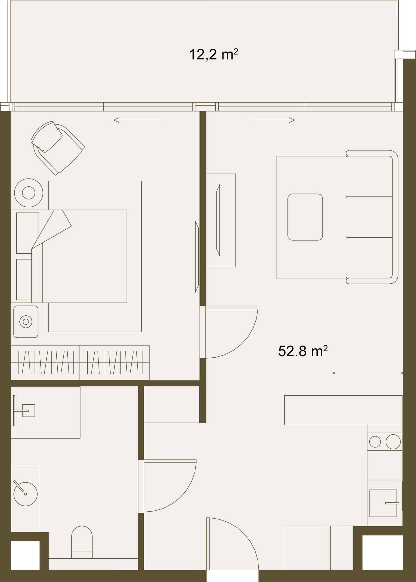 一居室, 64.9 m²