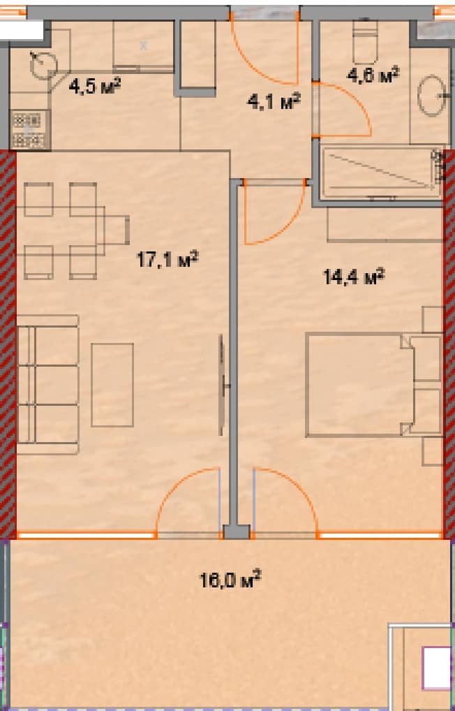 شقة بغرفة واحدة, 62.4 م²