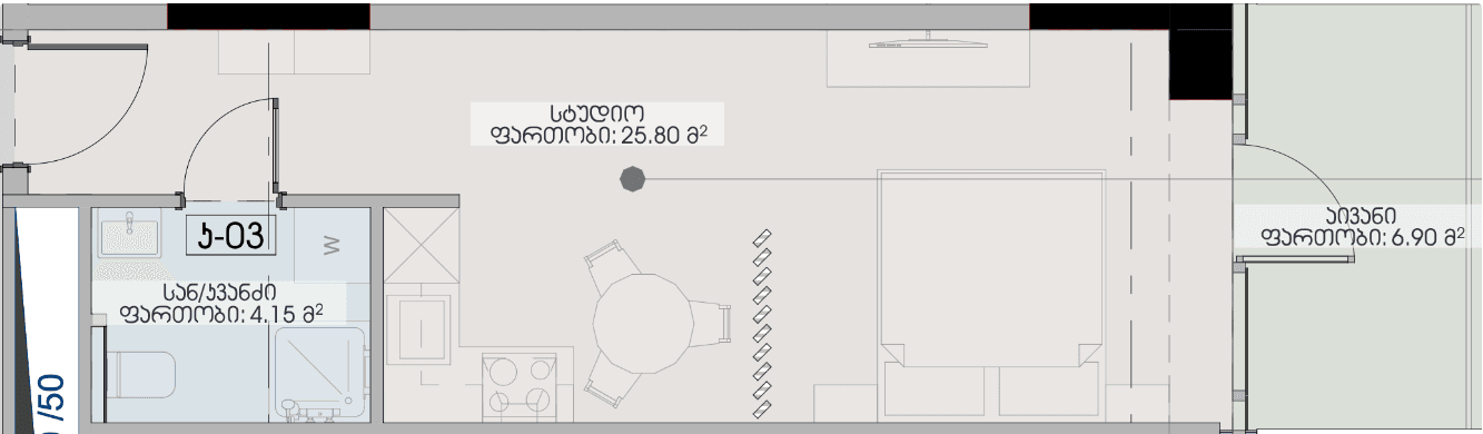 استوديو, 36.9 م²