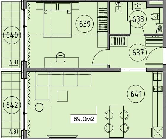 1-комн., 69 м²