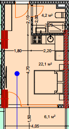 单间, 33.5 m²