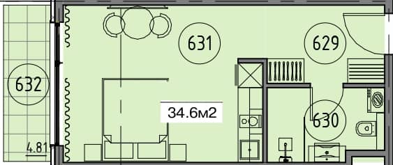 استوديو, 34.6 م²