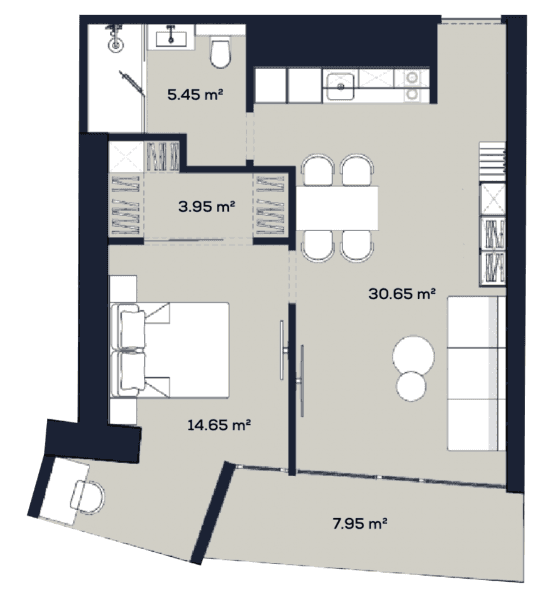 一居室, 62.6 m²