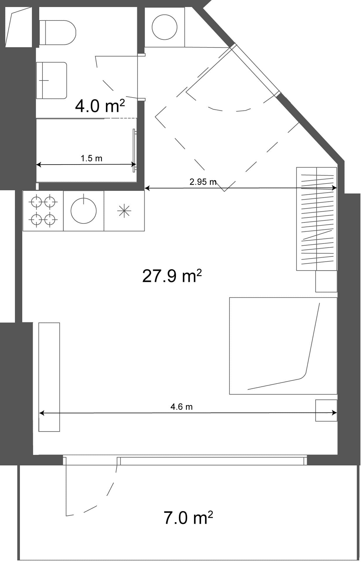 单间, 34.9 m²