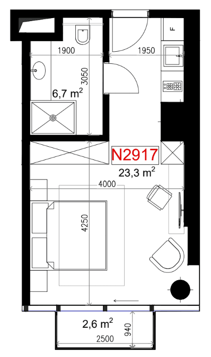 شقة بغرفة واحدة, 32.6 م²