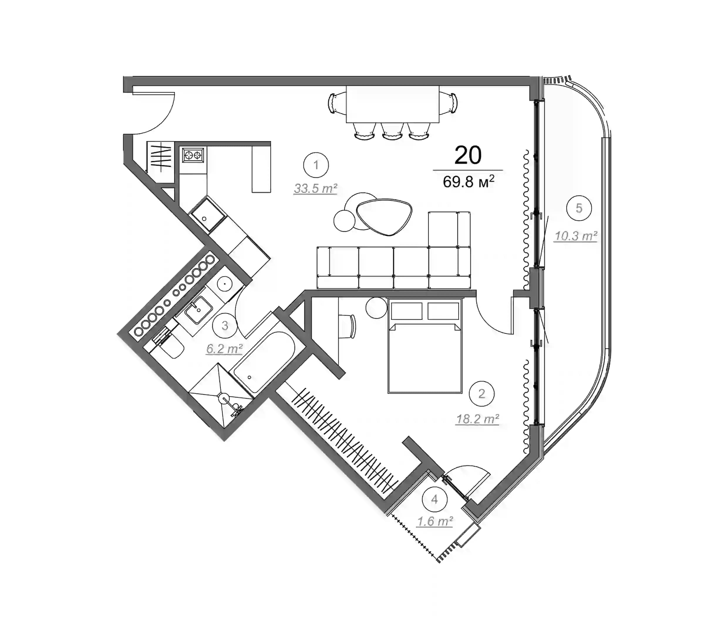 一居室, 74.7 m²