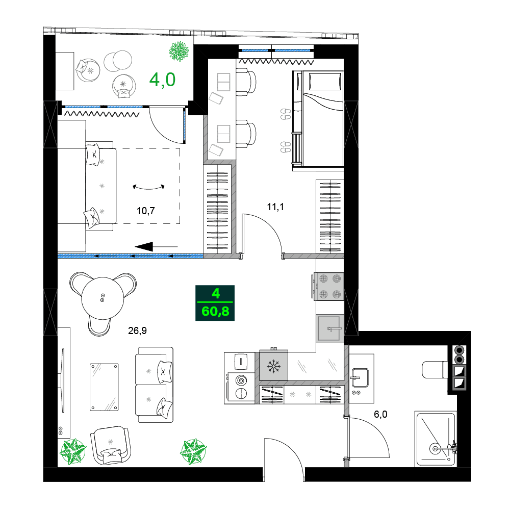 3-комн., 60.8 м²