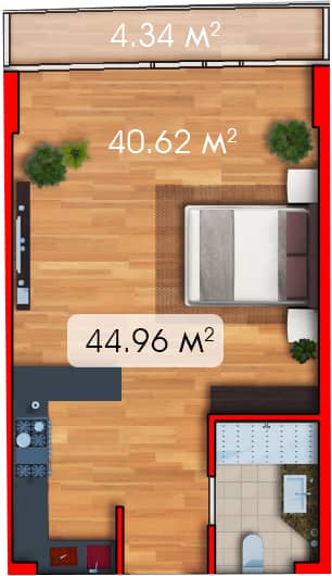 Студия, 45 м²