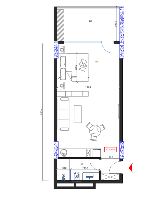 单间, 57.5 m²