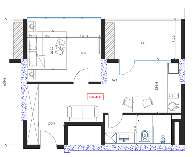 一居室, 54 m²