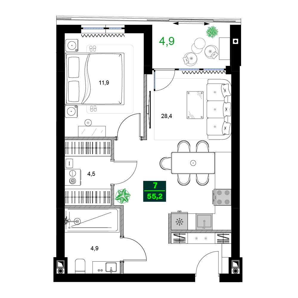 两居室, 55.2 m²