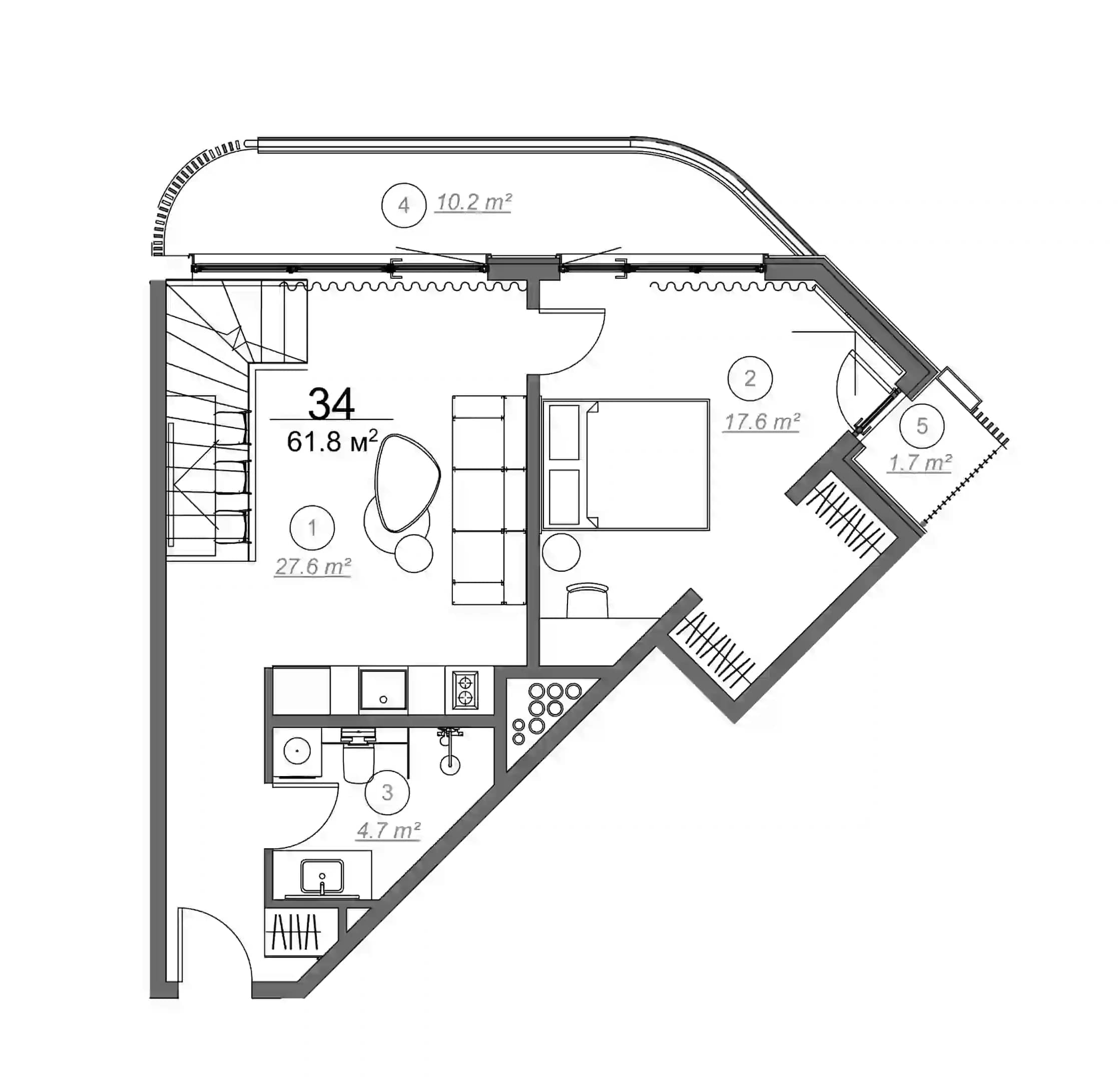 一居室, 61.8 m²