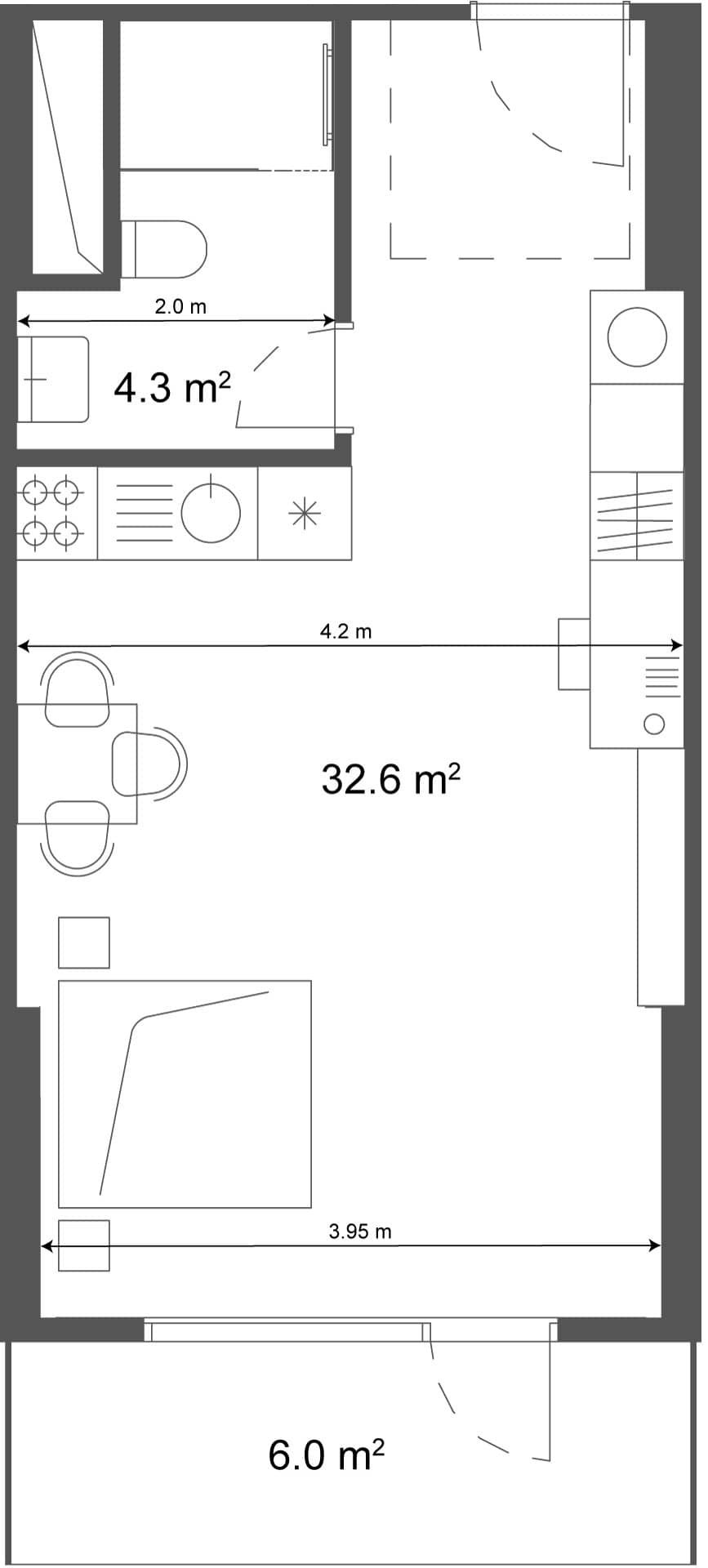 استوديو, 38.6 م²