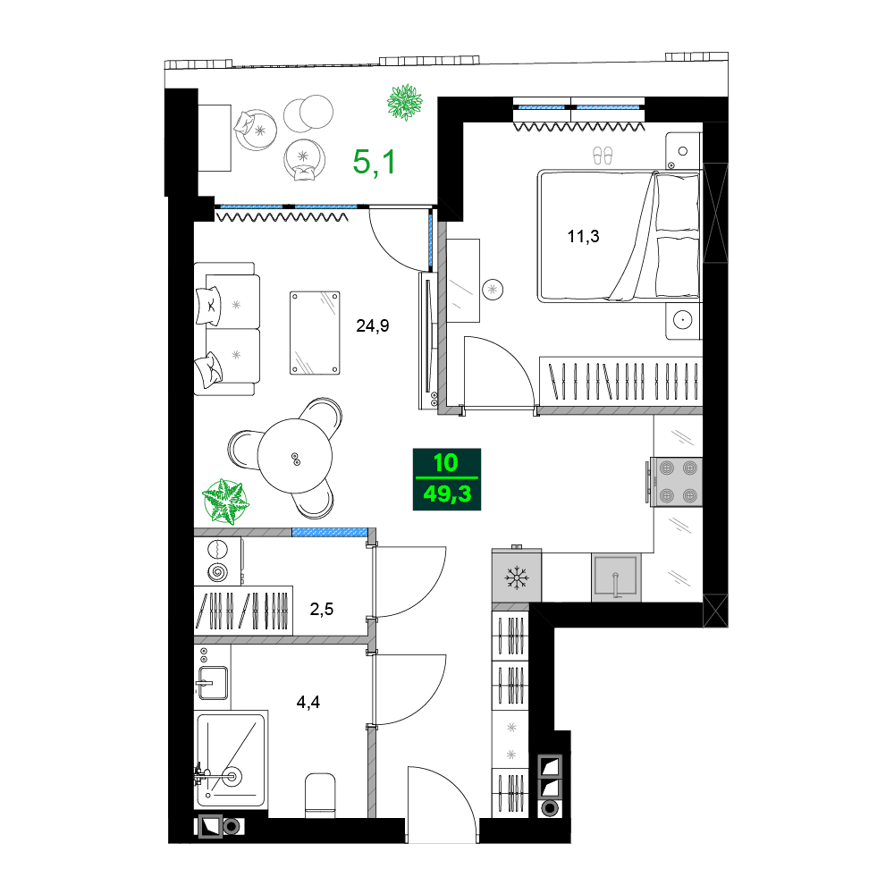 两居室, 49.3 m²
