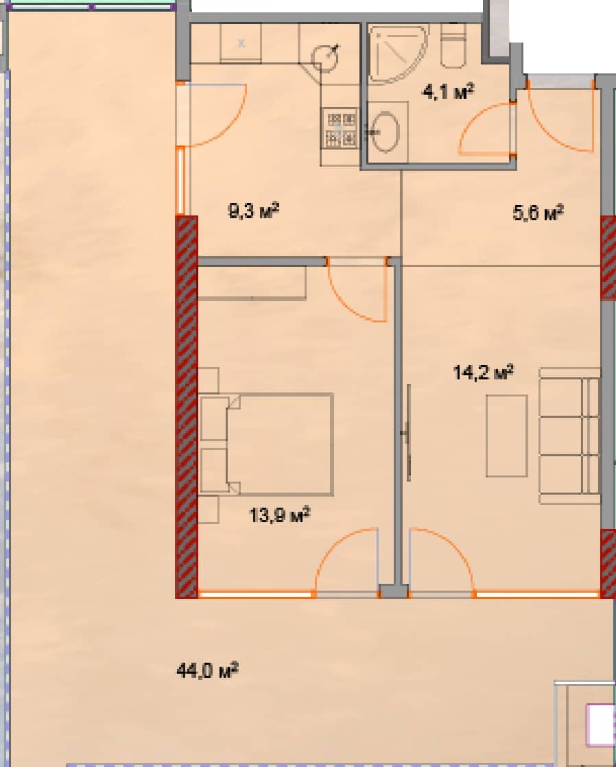 شقة بغرفة واحدة, 93.4 م²