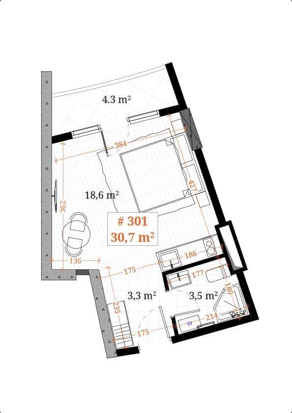 单间, 30.7 m²