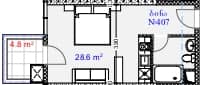 استوديو, 33.4 م²