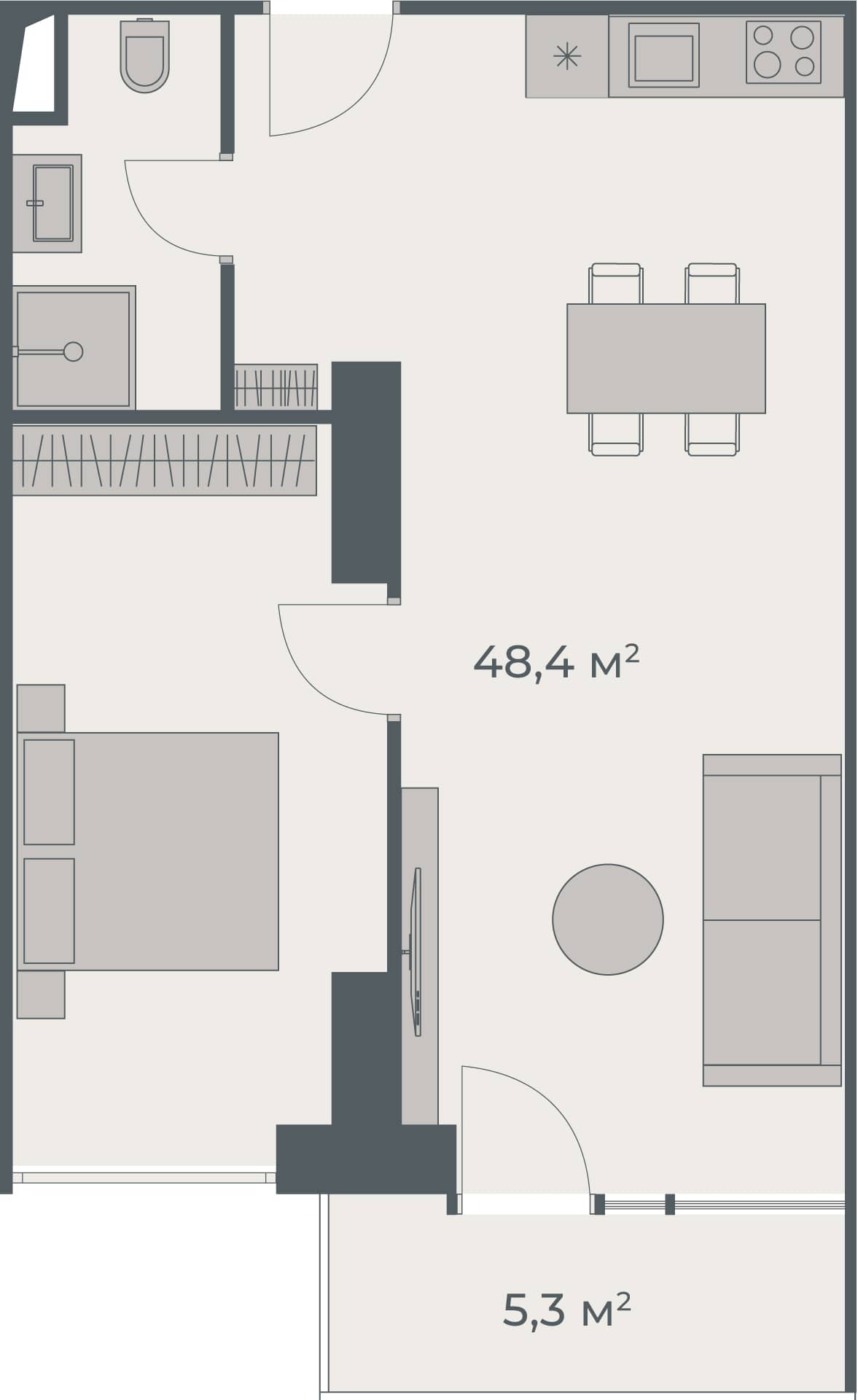 1-комн., 53.7 м²