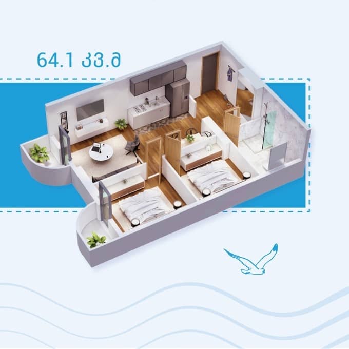 3-комн., 64.1 м²