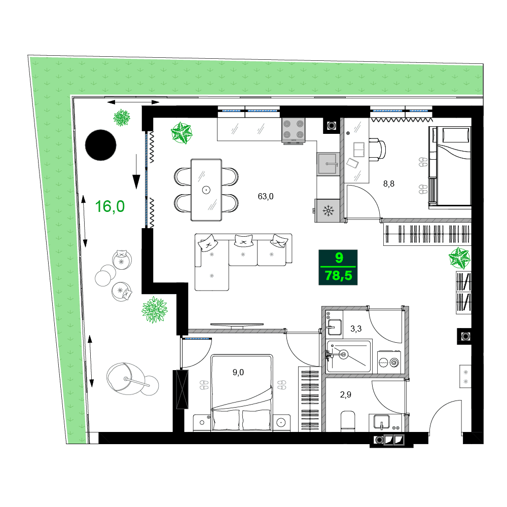 三居室, 78.5 m²
