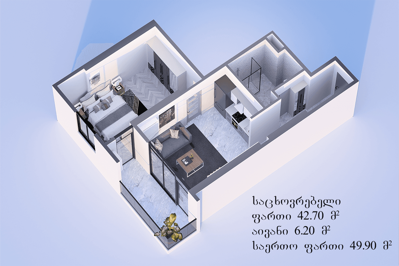 דירת חדר אחד, 49.9 מ״ר