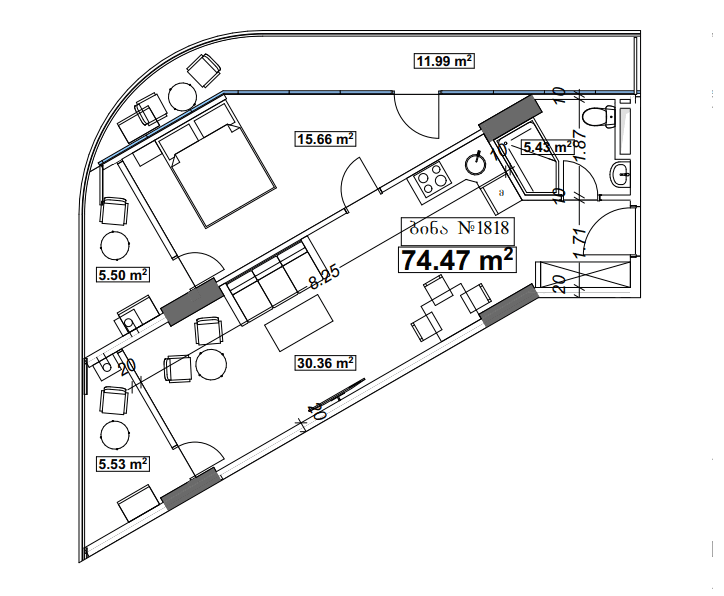 一居室, 74.5 m²