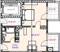 一居室, 57.1 m²