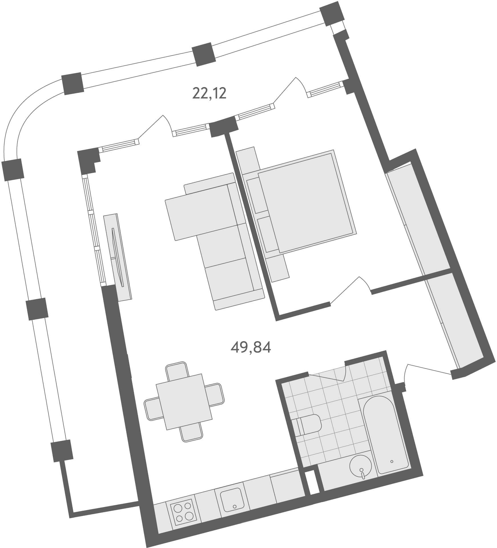 一居室, 72 m²