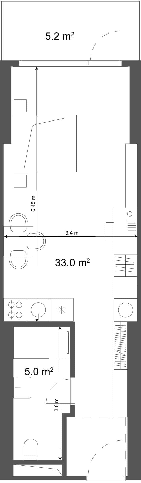 استوديو, 38.2 م²