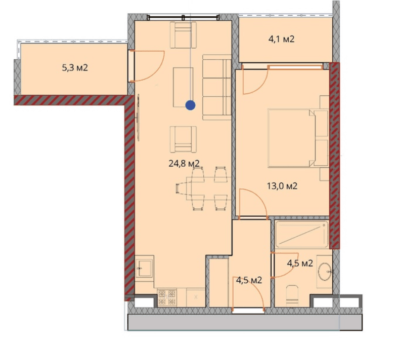 1-room, 57.5 m²