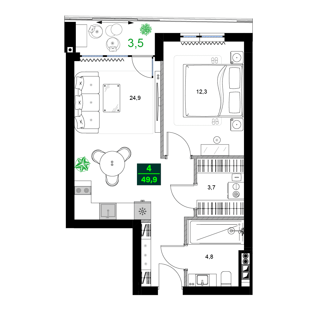 两居室, 49.9 m²