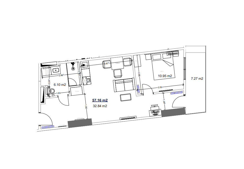 1-room, 57.2 m²
