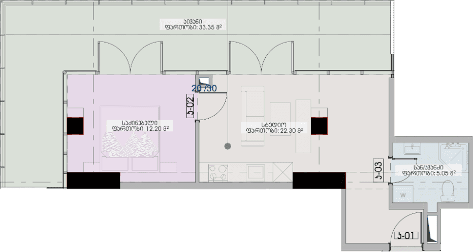 1-room, 72.9 m²