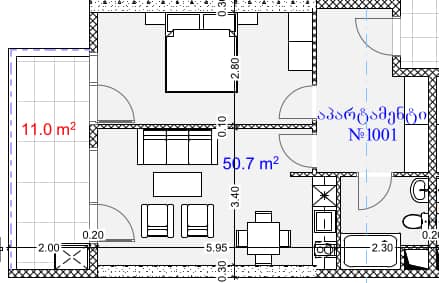 一居室, 61.7 m²