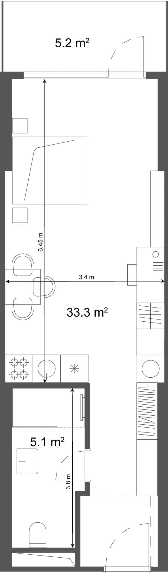 استوديو, 38.5 م²
