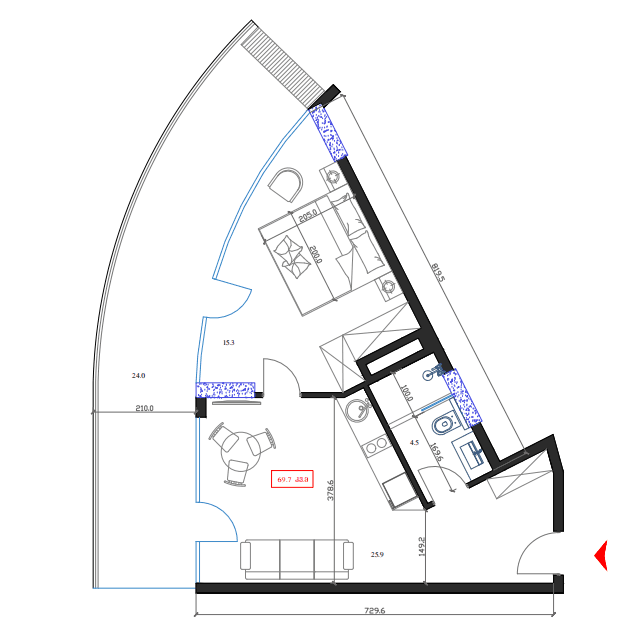 一居室, 69.7 m²
