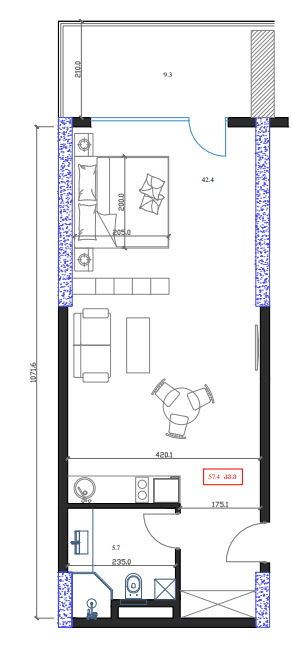 Studio, 57.4 m²