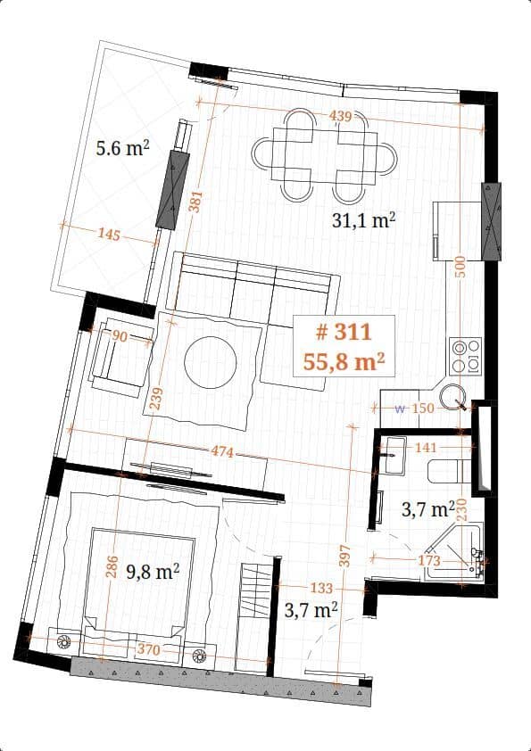 一居室, 55.8 m²