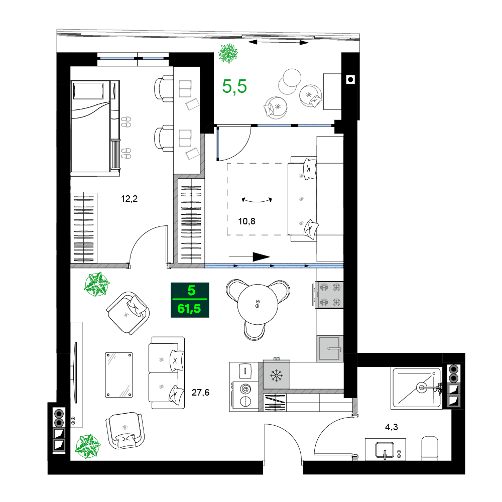 三居室, 61.5 m²