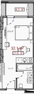 استوديو, 32.1 م²