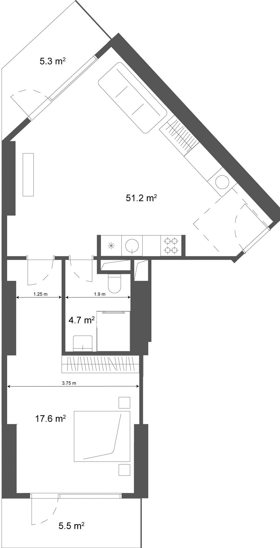 1-room, 62 m²