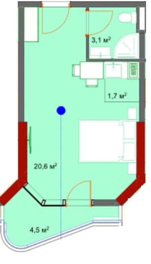 Студия, 30.7 м²