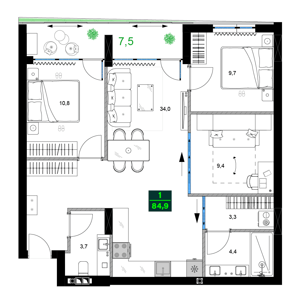 4-комн., 84.9 м²