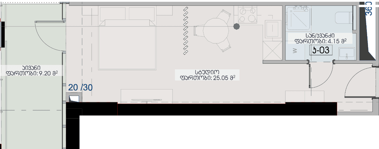 Studio, 38.4 m²