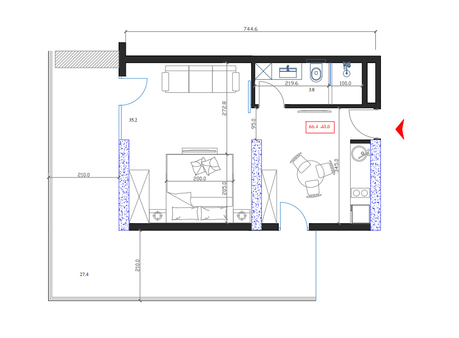 单间, 66.4 m²