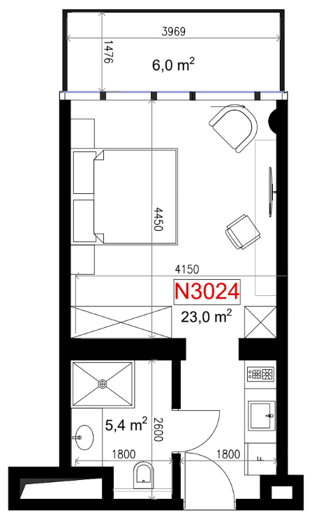 一居室, 34.4 m²