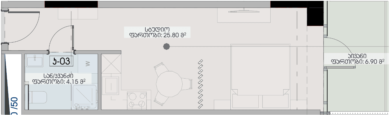 استوديو, 36.9 م²